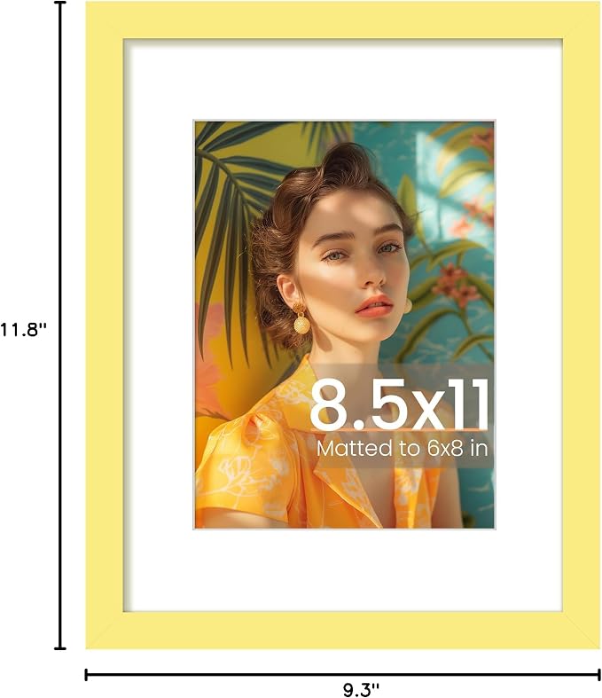 upsimples 8.5 By 11 Picture Frame, Display Pictures 6x8 with Mat or 8.5 x 11 Without, Wall Hanging Photo Frames, Yellow, 1 Pack