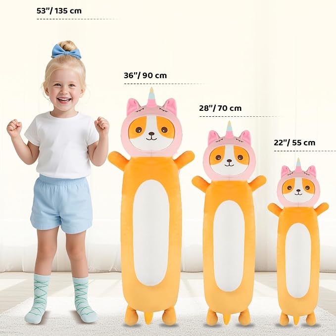 22 Inch Kawaii Unicorn Dog Long Plush Body Pillow Toy, Soft Corgi Shiba Inu Plushies with Stuffy Unicorn Outfit Big Stuffed Animals Gift for Kids Boys Girls, Birthday