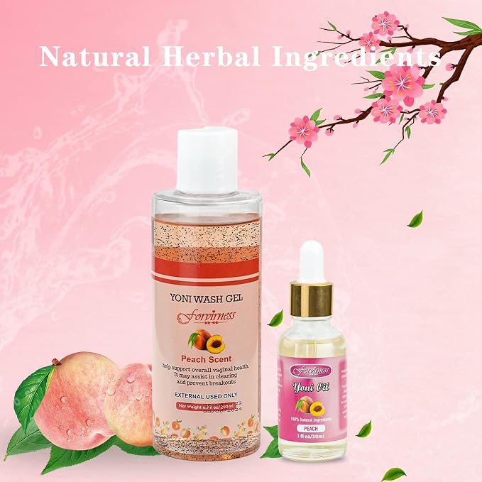 forvirness Natural Feminine Wash Yoni Oil Set, Body Cleanser with Cleaning Factor, Yoni Wash for Women pH Balance,1 fl.oz Peach Feminine Oil & 6.7 fl.oz Intimate Cleanser