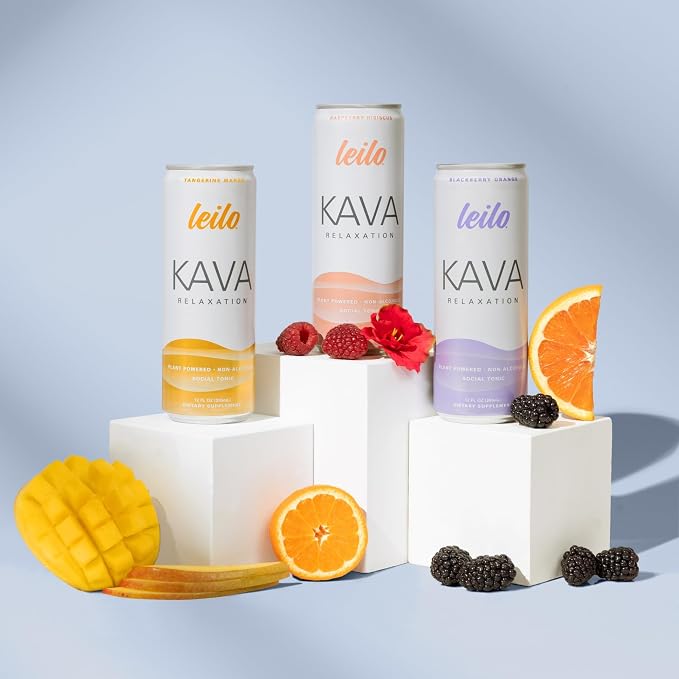 Leilo | Kava Powered Sparkling Relaxation Drink | Classic Variety-Pack - Includes: Raspberry Hibiscus, Tangerine Mango, Blackberry Orange | 12 fl oz Cans (Pack of 12)