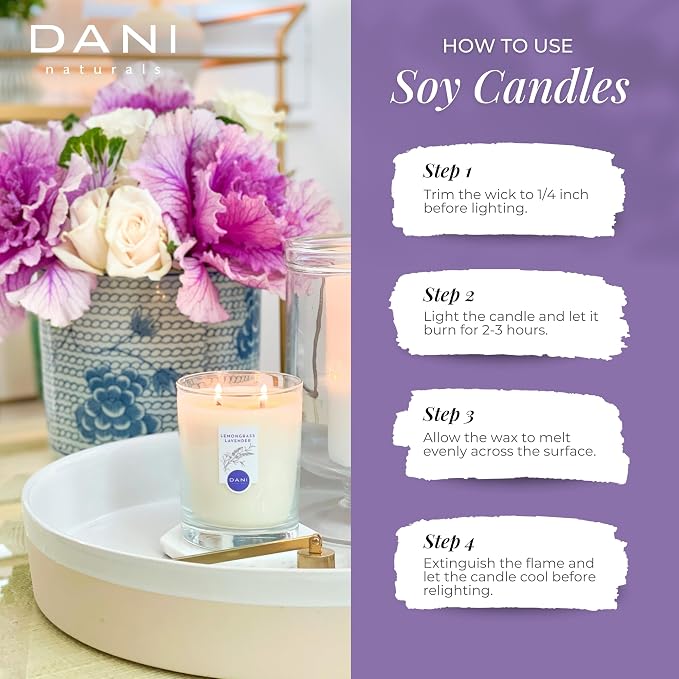 DANI Naturals Lemongrass Lavender 100% Soy Wax Candle, Non-Toxic, 7.5oz | Vegan,soy wax candle,Clean-burning with organic cotton wick,Calming lemongrass lavender scent,Made in USA