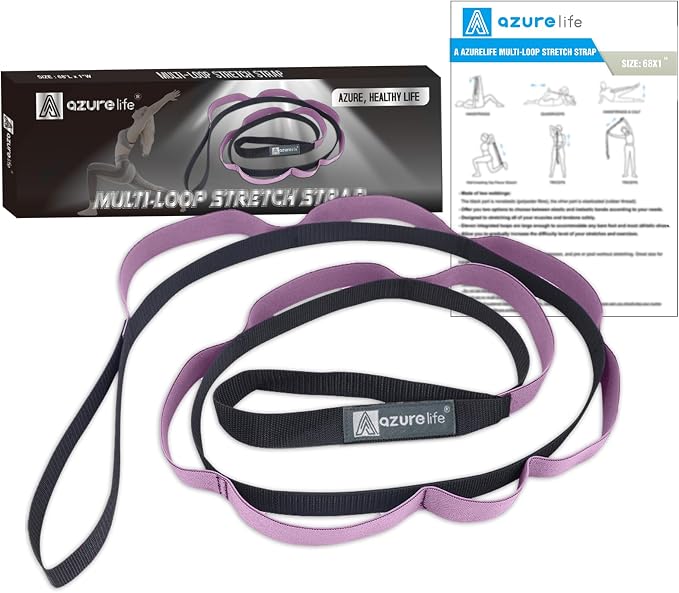 A AZURELIFE Half-Elastic Stretch Straps with 11 Loops, Stretching Strap for Physical Therapy, Multi-Loop Yoga Strap Fitness Exercise Strap for Yoga, Pilates, Dance, Flexibility&Exercise