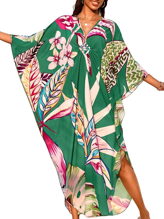 ChiaoLezhee Print Moo-Moos for Women, Kaftan Cover-Up Dresses, Sexy V-Neck High-Slit, Beach Pool-Party Coverups Muumuu Plus