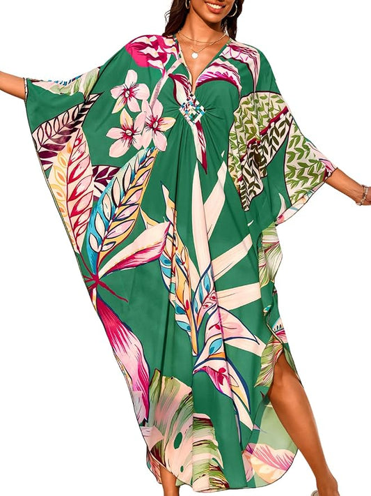 ChiaoLezhee Print Moo-Moos for Women, Kaftan Cover-Up Dresses, Sexy V-Neck High-Slit, Beach Pool-Party Coverups Muumuu Plus