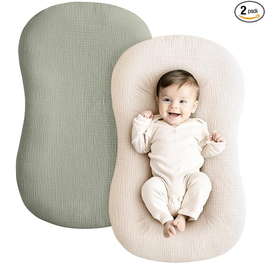Konssy Muslin Baby Lounger Cover 2 Pack, 100% Cotton Newborn Lounger Cover, Soft and Breathable Baby Nest Slipcover for Boys Girls (Fog Green,Cream)