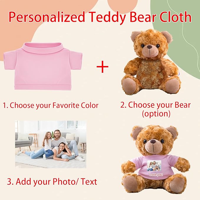 Personalized Teddy Bear Clothes with Photo Text, Custom Stuffed Animal Clothing Fit 8-16inch Stuffed Bear Clothes, Personalized Doll Clothing Make Your Own Plush Doll Shirt