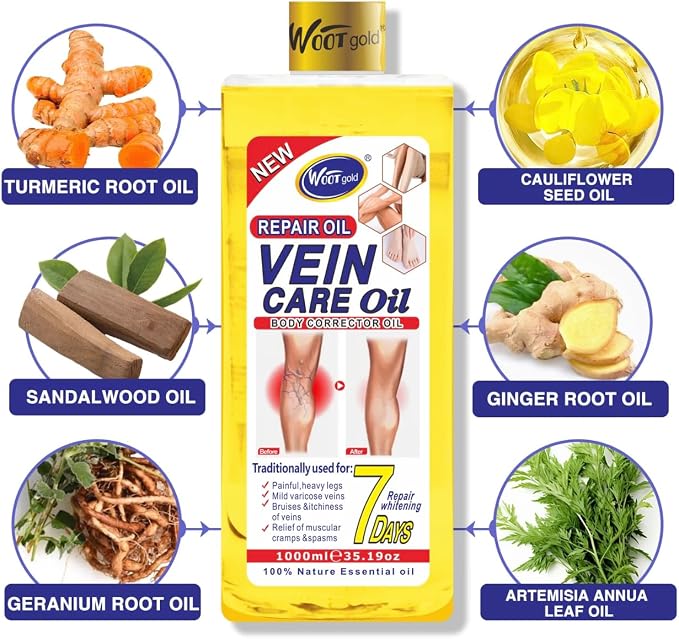 Vein Care Oil, Repair Oil for Painful Heavy Legs, Mild Varicose Veins, Bruises, Itchiness, Cramps, 35.19 oz