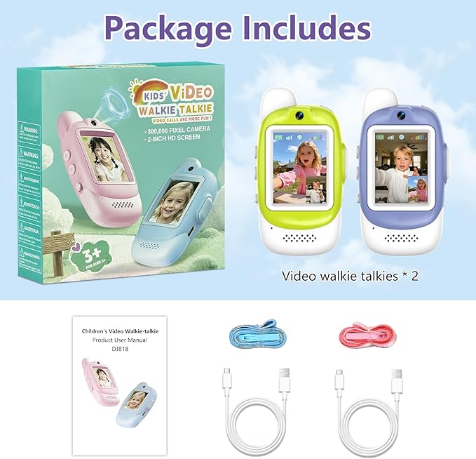 Video Walkie Talkies for Kids, 2 Pack Rechargeable Video Walkie Talkies, HD Camera, Voice Changer, for Family Fun Camping and Travel, Ages 3-12, Green and Purple