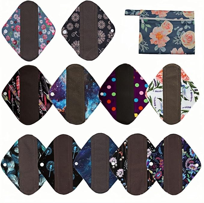 12 Pieces Cloth Menstrual Pads,Reusable Sanitary Pads,11 Pieces 8 Inch Panty Liner + 1 Picese Mini Bag