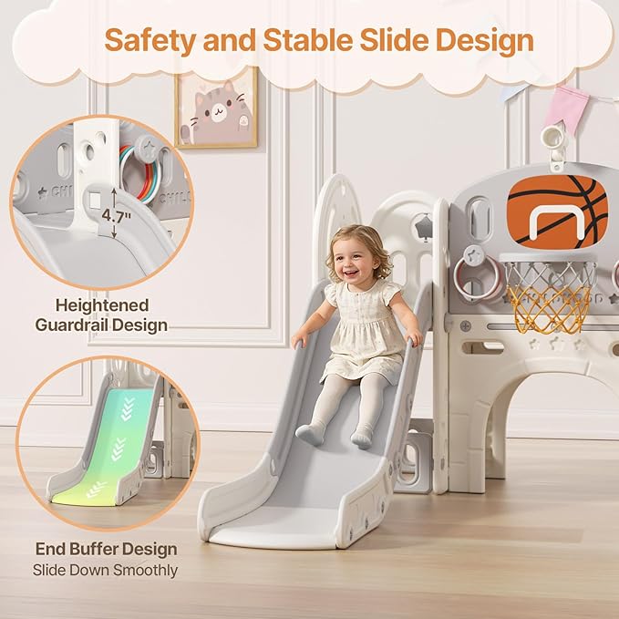 BIERUM 9 in 1 Toddler Slide, Kid Slide for Toddlers Age 1-3 with Ring Toss, Basketball Hoop, and Telescope, Indoor Outdoor Playset Playground Beige Gray