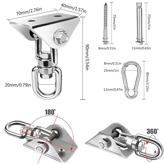 Swing Hanger for Wooden & Concrete Swing Set, 2000LB Capacity Hammock Hanger 360°Rotate Stainless Steel Swing Hammock Hanging Kit Hardware, Heavy Duty Swing Brackets for Porch Playground Yoga-2 Packs