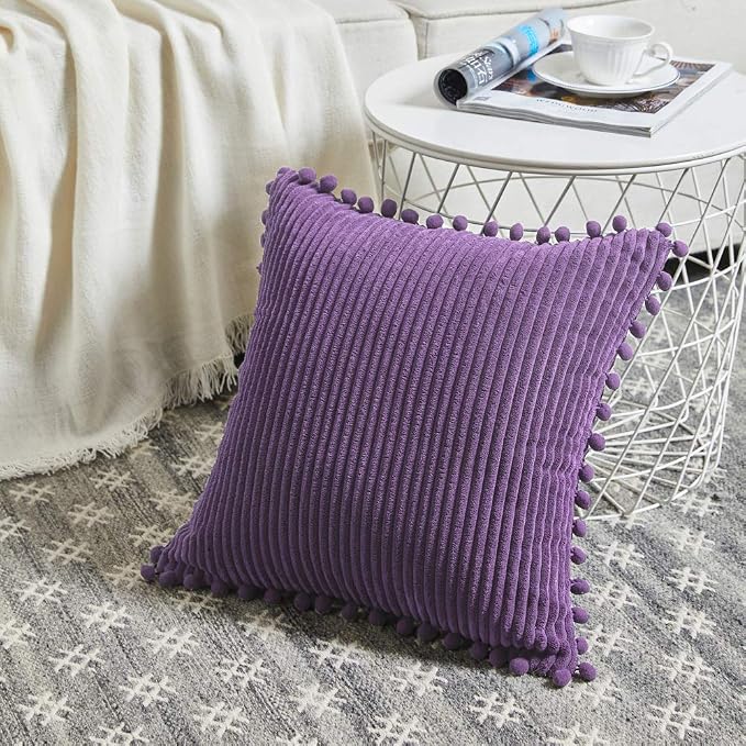 Fancy Homi Pack of 2 Purple Decorative Throw Pillow Covers 16x16 Inch with Pom-poms, Soft Corduroy Solid Square Cushion Cases Set for Living Room Couch Sofa Bedroom Car (16x16 Inch /40x40 cm, Purple)