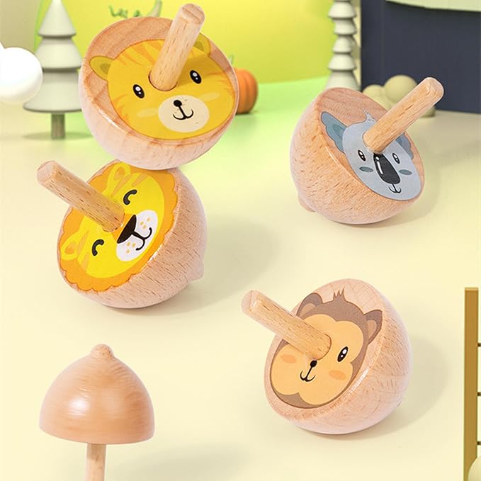 6 Pcs/Set Beech Wood Spinning Tops Toy for Kids, Animal Wooden Gyroscopes Toy for 3 4 5 6 7 Years, Fruit Educational Kindergarten Toys, Spin Tops for Party Games Birthday Gifts Family Fun (Animal)
