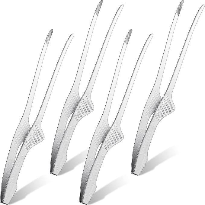 Patelai 4 Pieces Korean and Japanese BBQ Tongs Non Slip Cooking Utensils Stainless Steel Tongs for Serving Food, Salad, Camping, Barbecue, Buffet, Oven with Support Stand (Silver)