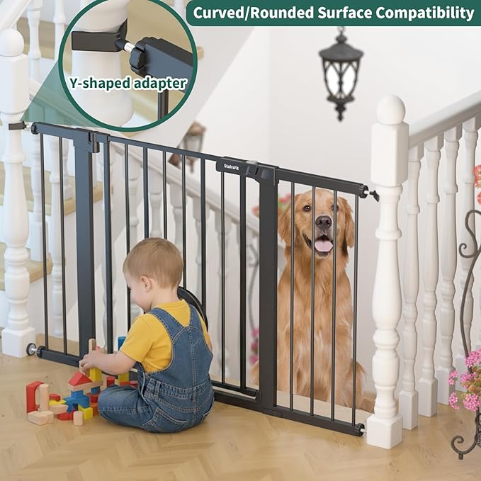 29.5"-51.5" Extra Wide Baby Gate with Cat Door for Stairs & Doorways - 30.5" Tall Auto-Close Metal Gate - No Drilling Pressure Mounted Dog Gate Indoor with Door (Black)