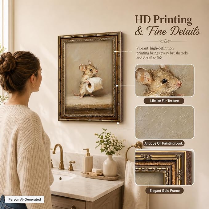 Funny Bathroom Wall Art, Vintage Gold Framed Mouse With Toilet Paper, 16x24 | Funny mouse canvas print, cute animal bathroom decor, rustic farmhouse style, wall art for restroom, washroom, or powder room