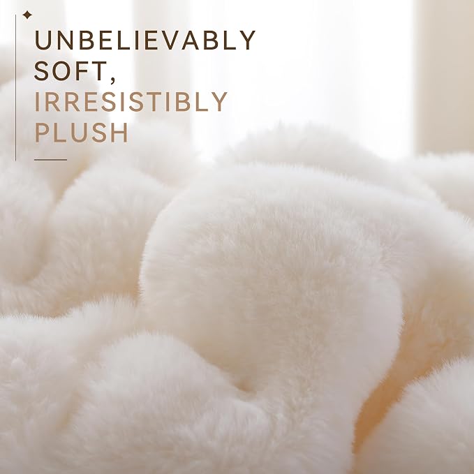 Faux Rabbit Fur Throw for Couch - Cream White Bubble Blanket 50"x60" | Fluffy Plush Fuzzy Throw for Sofa & Bed, Super Soft Cozy Comfrt Blanket, Luxury Aesthetic White Decor Gift for Women