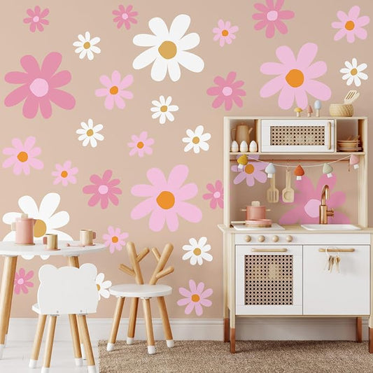 TaoBary 12 Sheet Daisy Wall Sticker Decal,Pink Color,Vibrant Style | Big Flower Wall Sticker, Pink White Floral Decal, Daisy Bedroom Room Decor, Removable Peel and Stick, Nursery Home Wall Decor