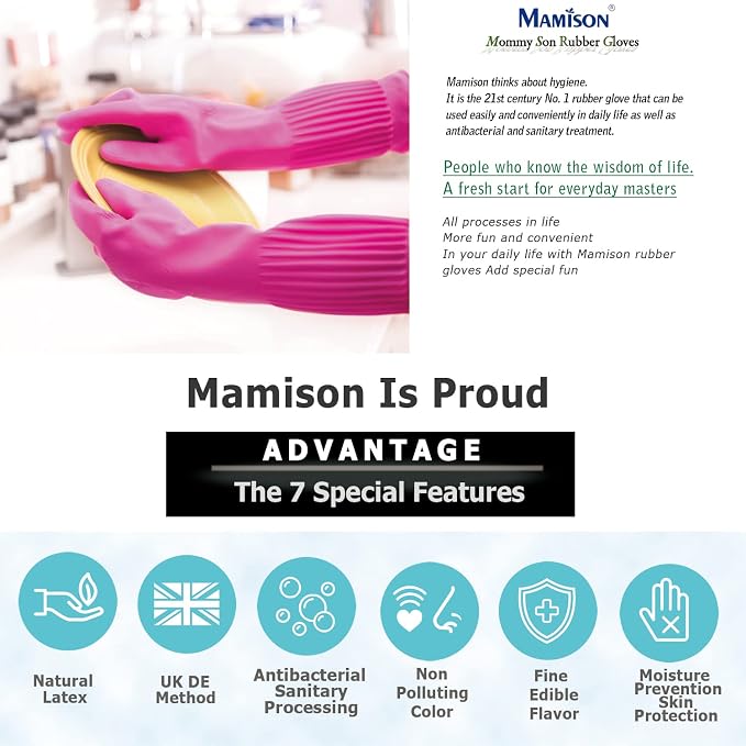 Mamison Kitchen Rubber Gloves New Band, 1 Pair, Large, Made in Korea | Korean natural latex, long cuff, thick and durable, textured non-slip grip, for dishwashing and kitchen cleaning