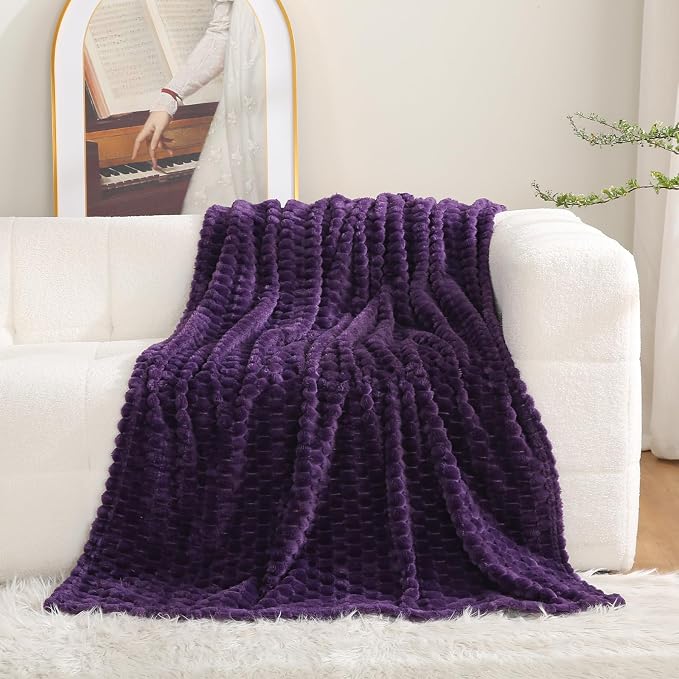 Puncuntex Deep Purple Throw Blanket 108"×90" Fuzzy 3D Jacquard Decorative | Flannel Fleece Super Soft Plush Cozy Blanket for Couch Sofa Chair Lightweight