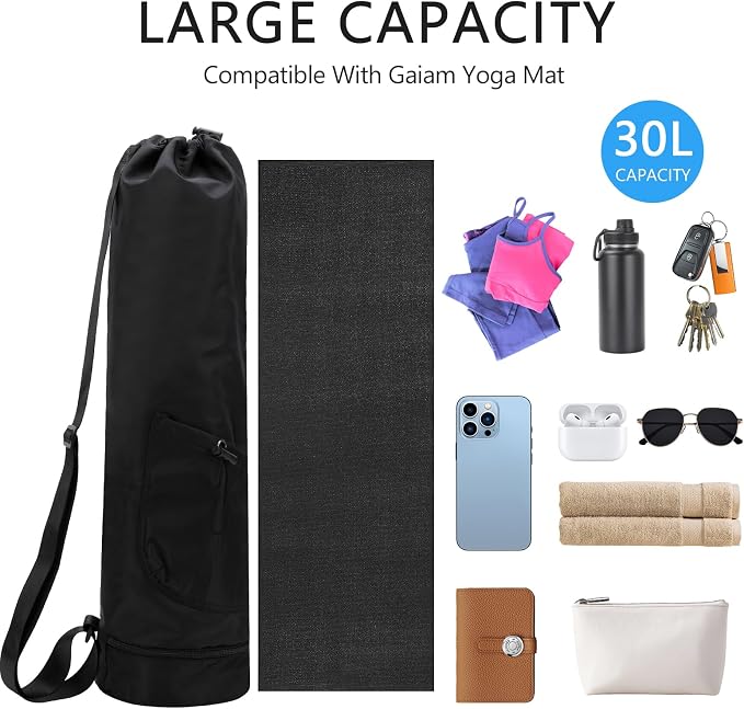 Yoga Mat Bag Compatible with Gaiam, Large Capacity Yoga Mat Carrier with Adjustable Strap, Water Bottle Pocket & Bottom Wet Pocket, Functional Yoga Mat Holder for Women and Men