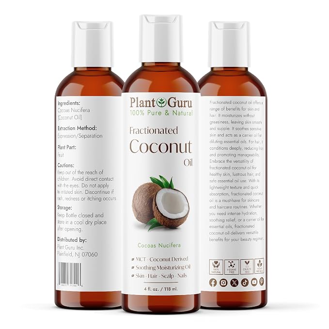 Plant Guru Fractionated Coconut Oil 4 fl. oz 100% Pure MCT Natural Carrier - Skin, Face, Body, Massage and Hair Growth Moisturizer, Great for Diluting Aromatherapy Essential Oils