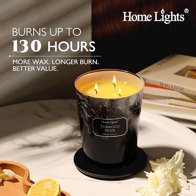 HomeLights Scented Candles for Women & Men, 34oz Candle Jars Aromatherapy 3-Wick Candle, Ideal for Industrial Chic Home Decor and Gifts, Tobacco Noir