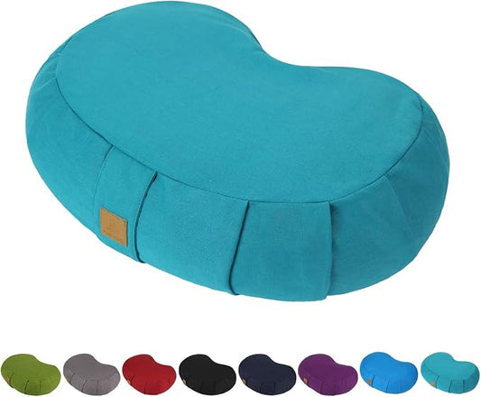 Crescent Zafu Meditation Pillow, D=17" W=11" H=5.5" Zabuton Yoga Bolster, Meditation Cushion, Floor Pouf Yoga Pillow Zippered Organic Cotton Cover Natural Buckwheat kneeling pillow - Large