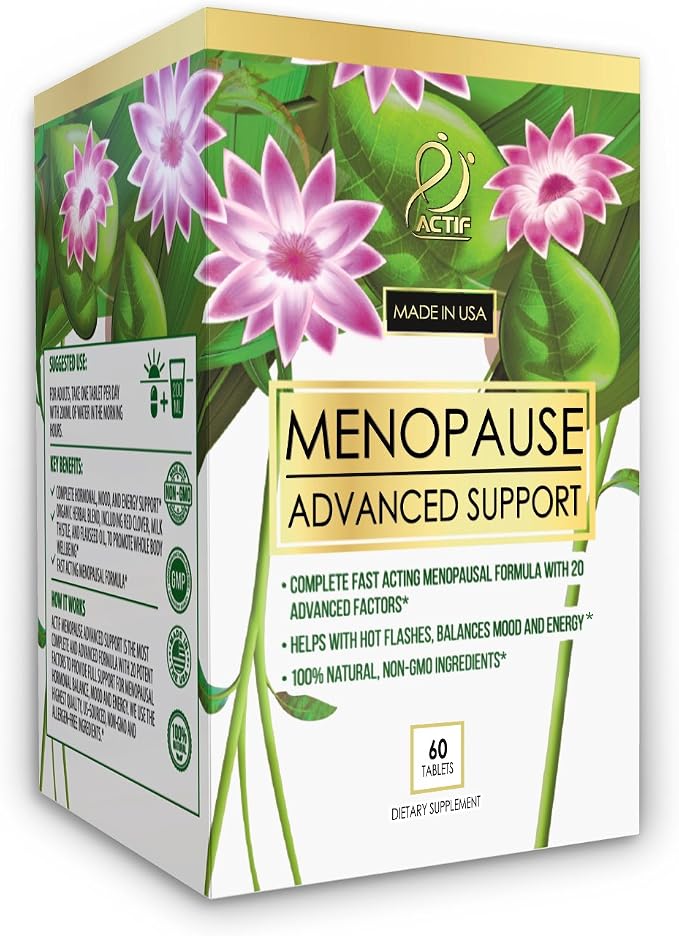Actif Menopause Advanced Support with 20+ Organic Vitamins and Herbs - Relieves Hot Flashes, Night Sweats - Non GMO, Fast Acting, Made in USA, 60 Count