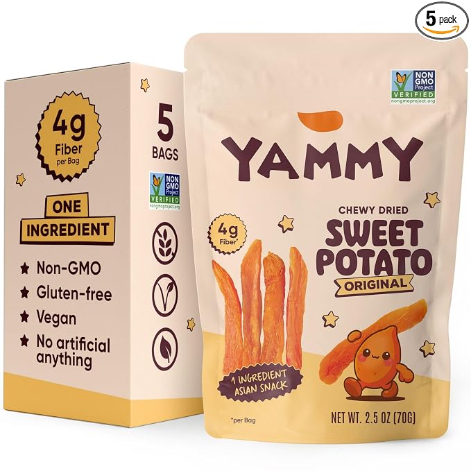 Yammy Chewy Dried Sweet Potato Sticks (5-Pack) - 1 Ingredient Healthy Asian Snack (Japanese, Korean, Chinese Super Food) - Nature's Gummy Candy - No Added Sugar, Vegan, Gluten-Free, 4g Fiber, 2.5oz