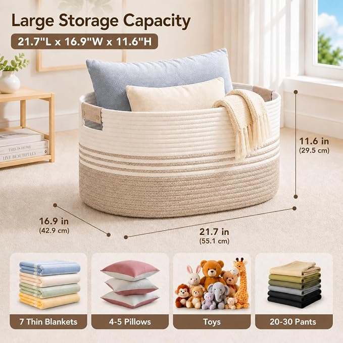 DOFASAYI Laundry Hamper with Handles, 72L Rope Laundry Basket, Light Brown | Cotton rope clothes hamper with leather handles holds blankets, pillows, toys and laundry in nursery, bedroom or living room