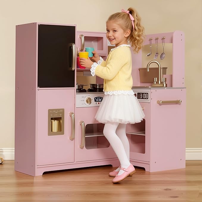 Play Corner Kitchen, Ultimate Interactive Wooden Kids Playset with Light, Light, Montessori Pretend Play Toys, Kids Cooking Playset for Girls & Boys Ages 3+(Pink)
