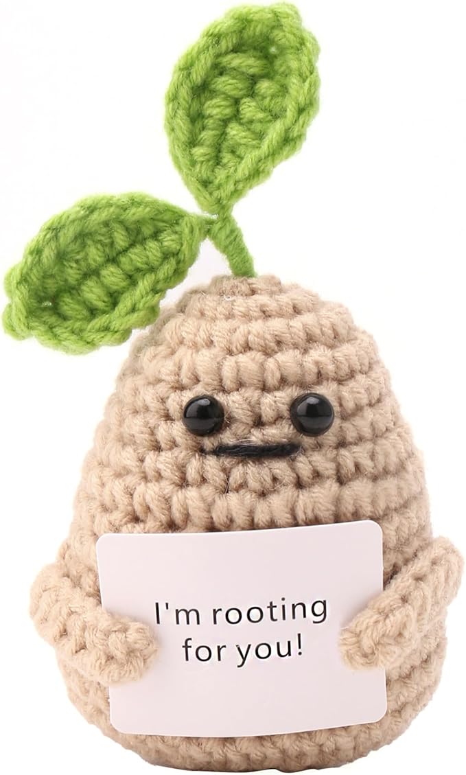Crochet Potato Plush with Positive Message, Emotional Support Stuffed Animal for Desk Decor, Handmade Tiny Friend with Inspirational Card, Funny Gifts for Women Office Accessories, 1 Pack