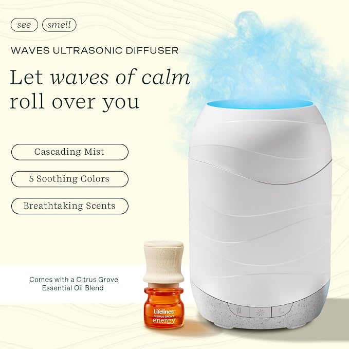 Lifelines Waves Ultrasonic Essential Oil Diffuser with Essential Oil Blend, 200ml - Aromatherapy Diffuser with Cascading Mist, Colored Lights & Auto-Shut Off Features - Home & Bedroom Essentials