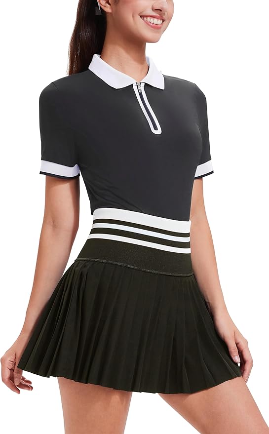Tennis Skirt Sets for Women Zipper Color Block High Waisted Golf Polo Two Piece Skirt Set Women 2 Piece Outfits