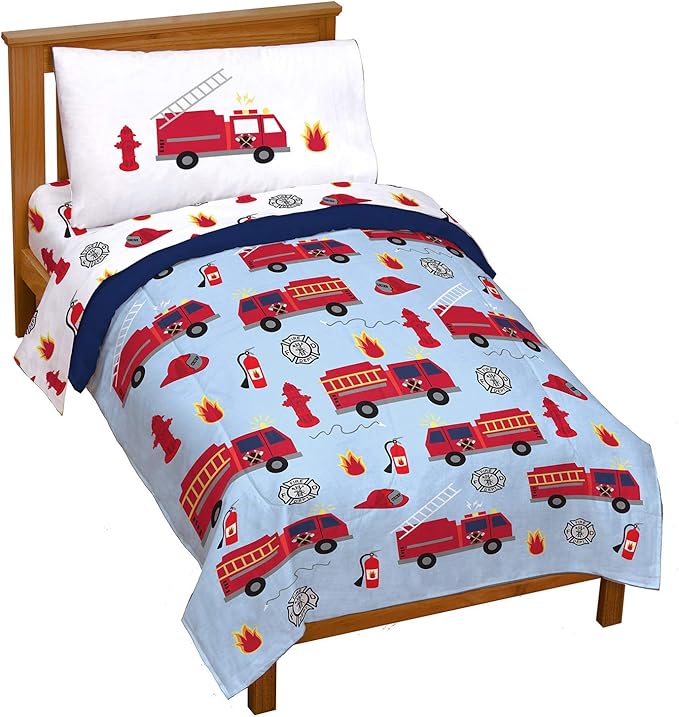Jay Franco Trend Collector Go Fire Truck Go 4 Piece Toddler Bed Set - Includes Comforter & Sheet Set - Super Soft Fade Resistant Microfiber Bedding