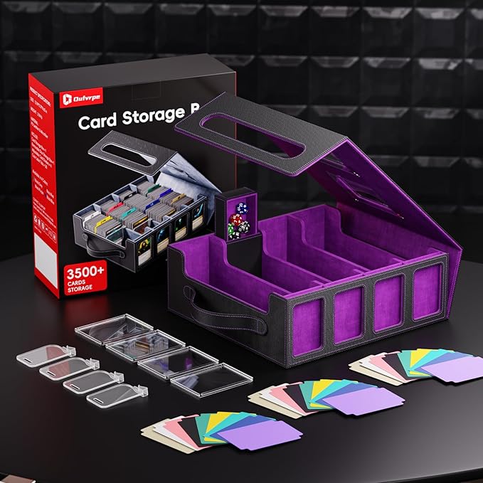 Trading Card Storage Box – 3500+ Magnetic MTG Deck Box with Handle,Commander & Toploader Display, Dice Box,4 Dividers & 30 Color Labels–Fits for TCG,MTG,Yu-Gi-Oh and Sport cards(Black/Purple)