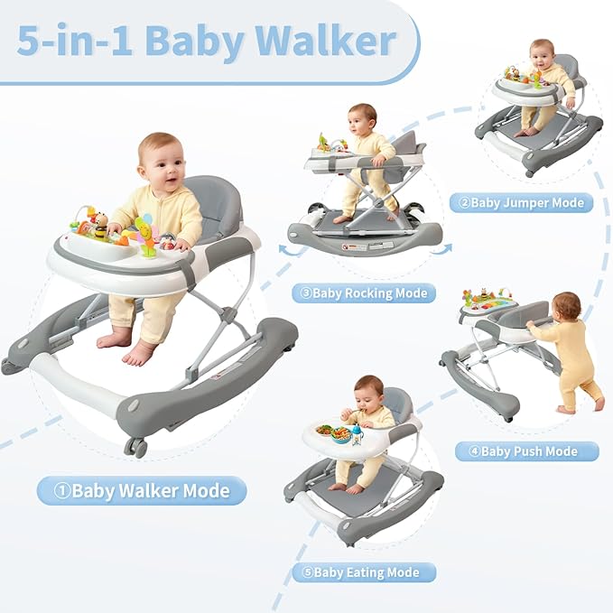 5 in 1 Baby Walker, Music and Lights Walker for Baby Boy Girls 6-12 Months, Foldable Baby Walkers with Wheels and Bouncer Combo Portable, Toddler Infant Walker with Adjustable Height