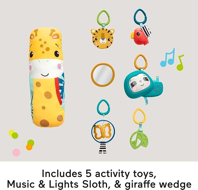 Fisher-Price Baby Playmat 3-in-1 Rainforest Sensory Gym with Music & Lights, Tummy Wedge & 5 Developmental Toys for Newborns 0+ Months