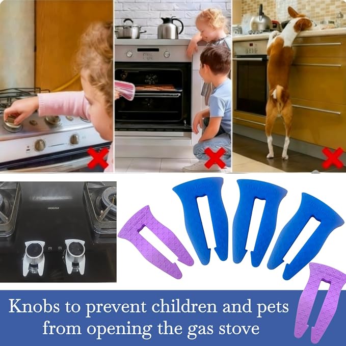 Universal Stove Knob Locks(2Pack Purple + 3Pack Blue) Child Proof Gas Stove Safety Lock with Key, Easy Install No Tools Needed, Heat Resistant Baby Proofing Essentials for Kitchen Cooktop