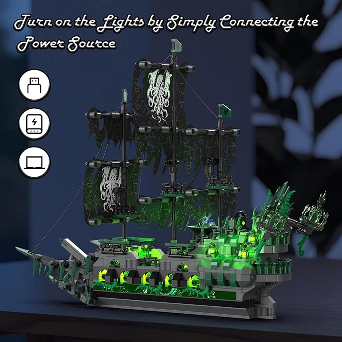 JMBricklayer Pirate Ship Building Toys with Lights, Ghost Ship Flying Dutchman Model Ship Boat 40001, Toy Building Sets for Adults, Easter Decor Christmas Birthday Gifts (1100 PCS)