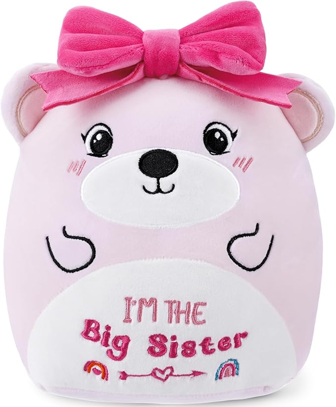 Big Sister Plush Toy: 8-Inch I'm The Big Sister Bear with Pink Bow Stuffed Animal Cute Soft Plushie Pillows Christmas, New Sibling Gifts for Girls Kids