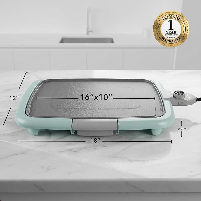 OVENTE Electric Griddle with 16 x 10 Inch Non-Stick Plate, Blue GD1610LBL | Removable and Adjustable Temperature Control, Indoor Grill perfect for Instant Breakfast, Pancakes, Eggs or Burgers