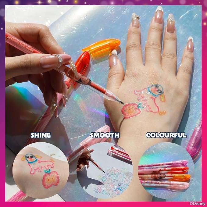 Townley Girl Disney Princess 16 Piece Glitter Pen Body Art Set, Glittery and Bright Colors, Ages 3