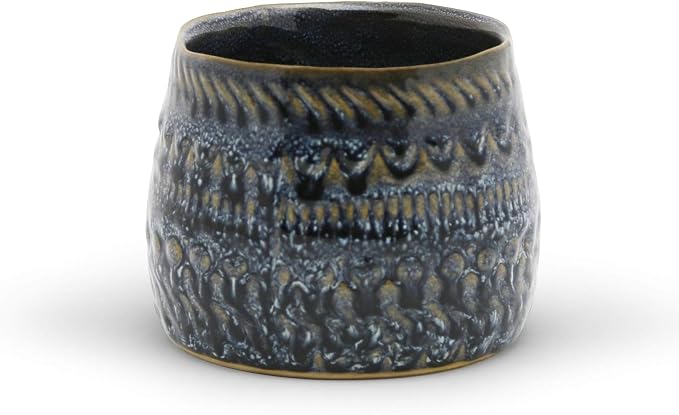 WGV Ceramic Vase, Width 4.75", Height 3.75", Dark Blue Kano Pot, Textured Antique Pattern Planter Dome for Wedding Event Office Home Decor, 1 Piece