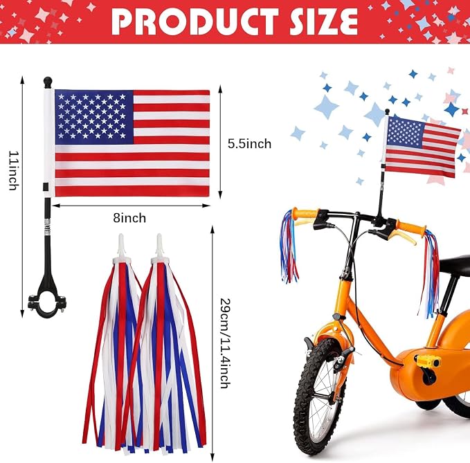 PLATT Kids Bicycle Streamers & Bike Handlebar American Flag Set, 4th of July Patriotic Bicycle Decoration for Girls Boys Bike Scooter, Independence Day Kids Bike Parade (Blue&Red&White)
