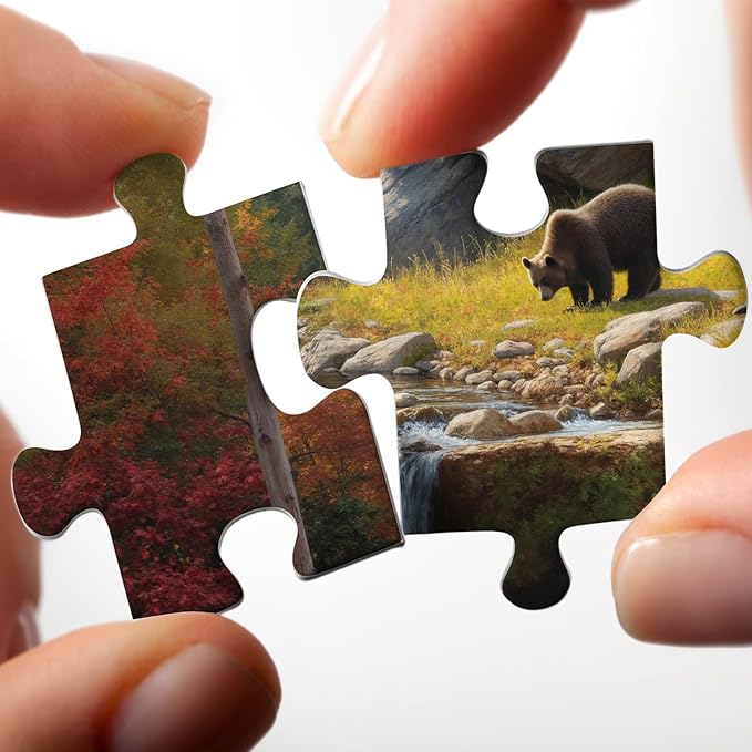 Autumn Waterfall Landscape Puzzles for Adults 1000 Pieces, Nature Forest Mountain Scenic Jigsaw Puzzle, Challenging Fall Plant Tree River Bear Puzzle