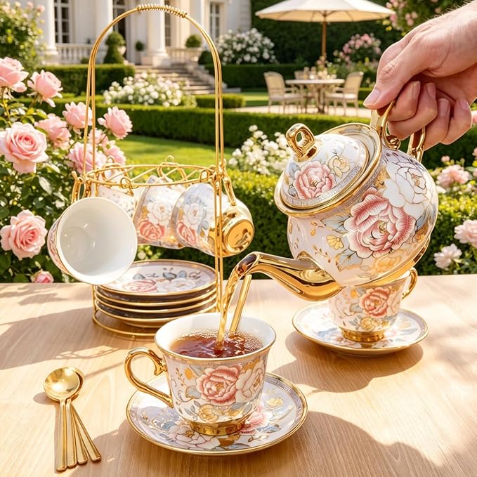 CHANJOON Gold Plated Red Rose Ceramic Tea Set, Vintage Tea Sets with Teapot, Beautiful Tea Set Coffee Serving 6 People (Purple, X Large)