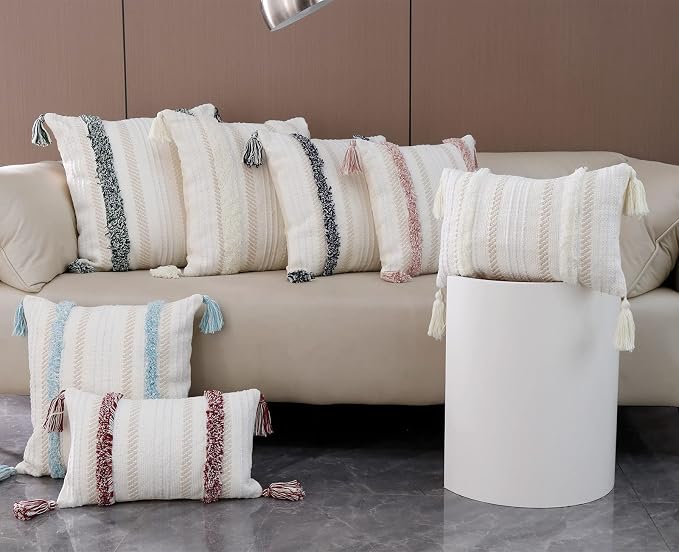 Boho Tufted Square Pillow Cover 22 × 22 in – Neutral Pink | Woven Farmhouse Accent Decorative Throw Pillow Cover with Tassels & Invisible Zipper for Couch, Bed or Living Room