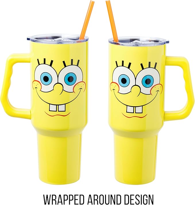 Silver Buffalo SpongeBob SquarePants Stainless Steel Tumbler with Handle, Fits in Standard Cup Holder, 40 Ounces (Pack of 12)